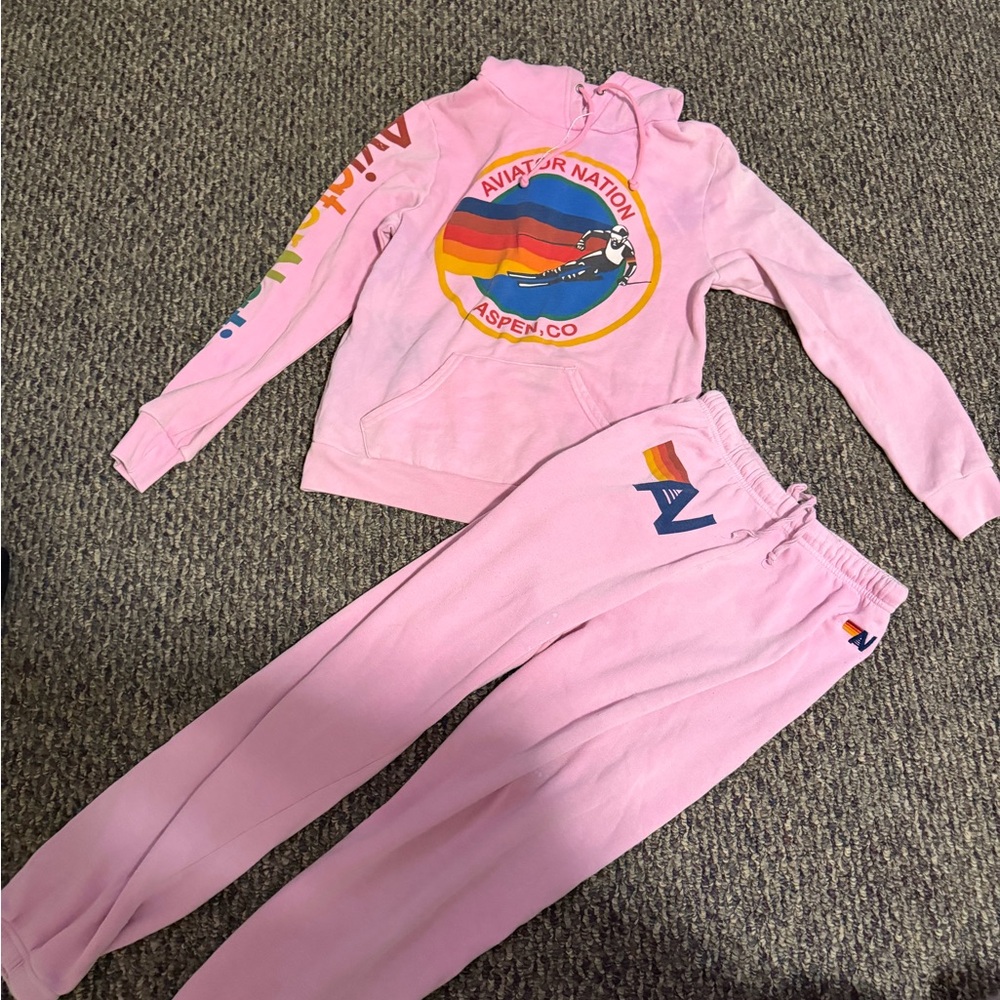 Aviator Nation Pink Hoodie and Sweatpants with Rainbow Graphics